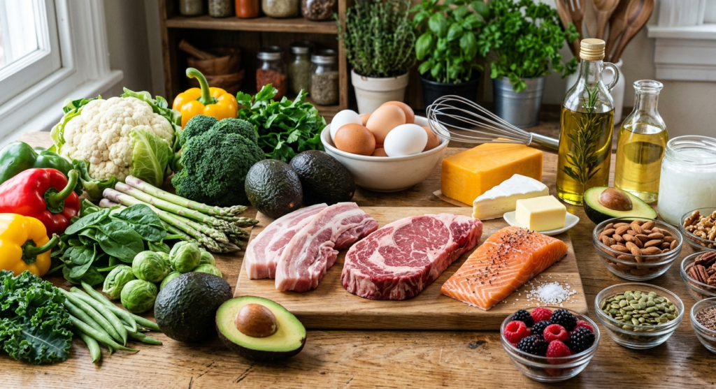 Ketogén alapanyagok válogatása: steak, lazac, tojás, sajtok, avokádó és friss zöldségek