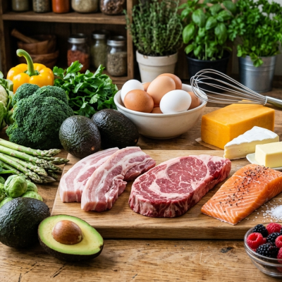 Ketogén alapanyagok válogatása: steak, lazac, tojás, sajtok, avokádó és friss zöldségek